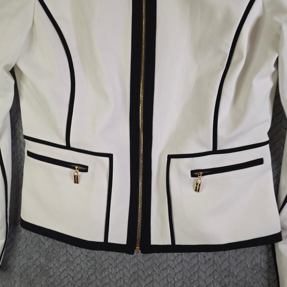 Calvin Klein Women's White Black Trim Zip Blazer Jacket Size 10P Petite - Picture 2 of 11